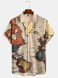 Мужские рубашки с коротким рукавом и лацканами с принтом карты мира