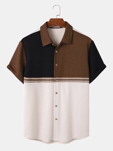 Мужские рубашки с коротким рукавом с цветными блоками в стиле пэчворк с геометрической лентой и текстурированной лентой