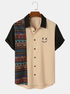 Мужские рубашки с коротким рукавом в стиле пэчворк с геометрическим принтом и принтом Smile Face Colorful Colorful