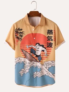 Мужские рубашки с коротким рукавом в японском стиле с принтом волны укиёэ