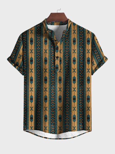 Мужские свободные рубашки Henley с коротким рукавом и этническим принтом Винтаж с геометрическим принтом
