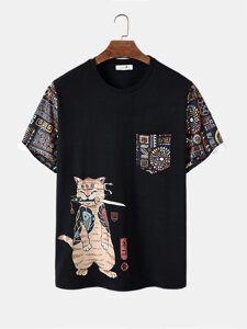 Мужские японские футболки с коротким рукавом Кот с геометрическим принтом Шея