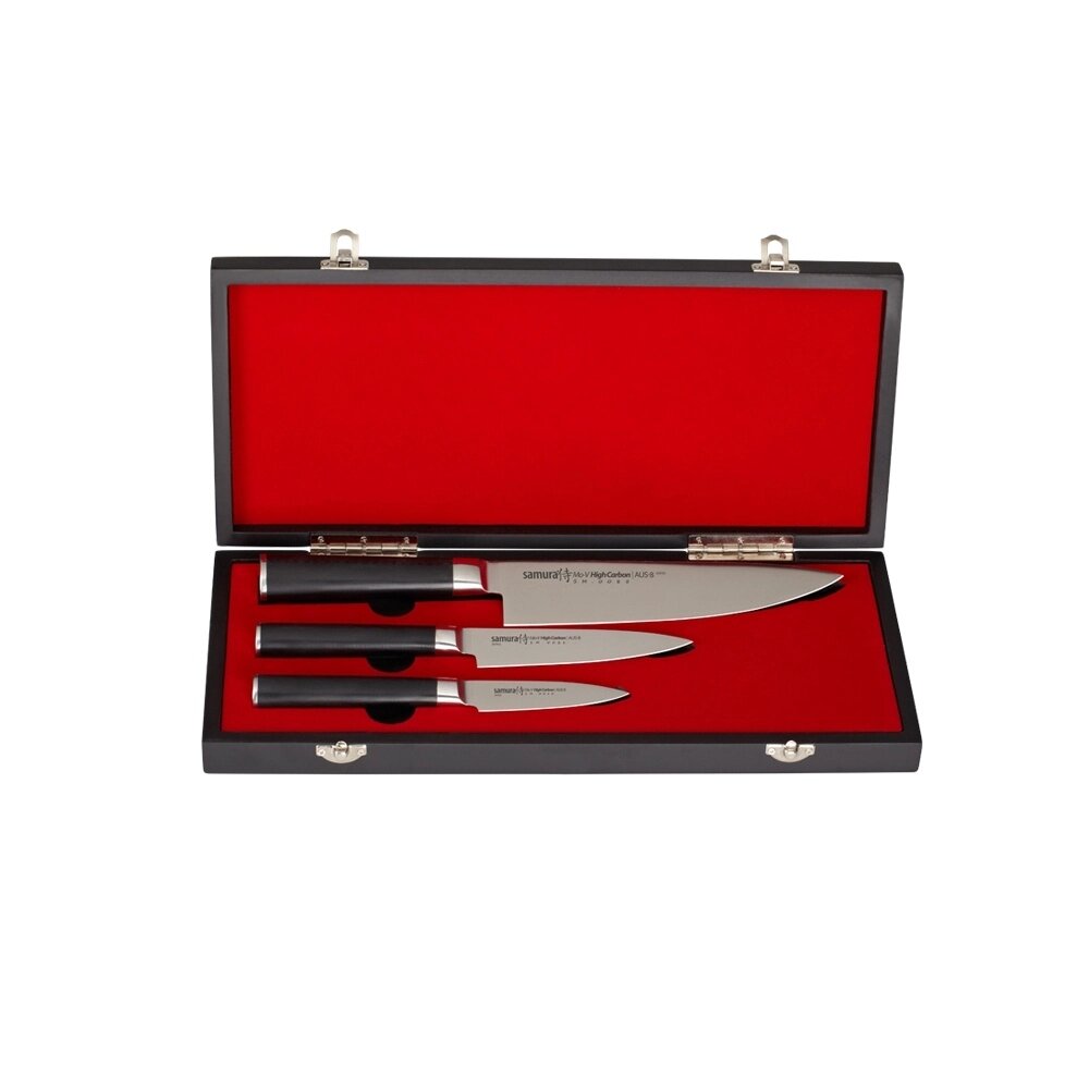 Набор из 3-х кухонных ножей Samura Mo-V в подарочной коробке  "Поварская тройка", сталь AUS-8, рукоять G10 от компании Admi - фото 1