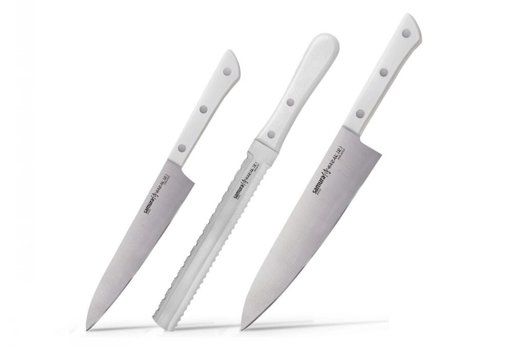 Набор из 3-х кухонных ножей (универсальный, для замороженных продуктов, шеф) Samura "Harakiri" (SHR-0230W) White, сталь AUS-8, рукоять ABS-пластик от компании Admi - фото 1