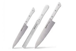Набор из 3-х кухонных ножей (универсальный, для замороженных продуктов, шеф) Samura "Harakiri"SHR-0230W) White, сталь AUS-8, рукоять ABS-пластик