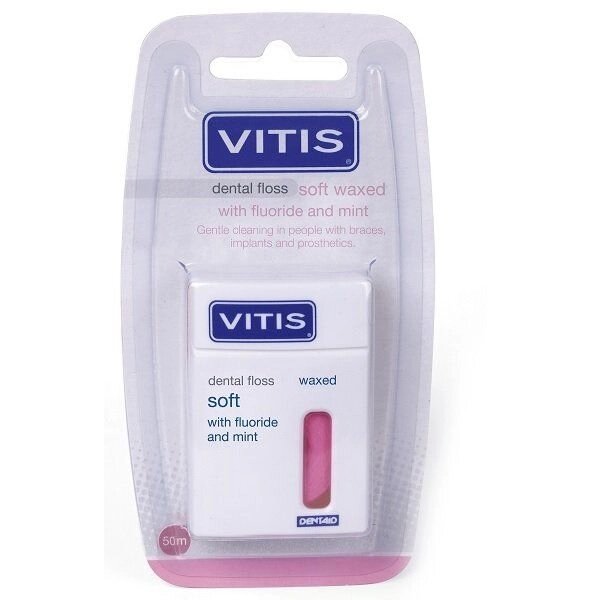 Нить межзубная розовая мятная Vitis Waxed Dental Floss FM 50м от компании Admi - фото 1