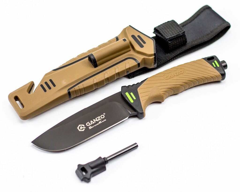 Нож для выживания с огнивом и точилкой Ganzo G8012, коричневый от компании Admi - фото 1