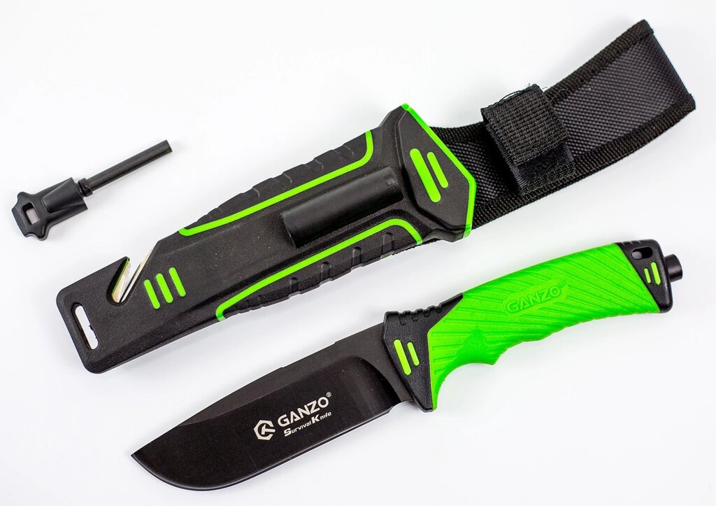 Нож для выживания с огнивом и точилкой Ganzo G8012, зеленый от компании Admi - фото 1