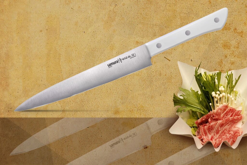 Нож кухонный для тонкой нарезки Samura "Harakiri" (SHR-0045W) 196 мм, сталь AUS-8, рукоять ABS пластик, белый от компании Admi - фото 1