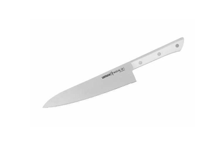 Нож кухонный Шеф Samura HARAKIRI 208 мм, сталь AUS-8 с серрейтором , рукоять ABS, белая рукоять от компании Admi - фото 1