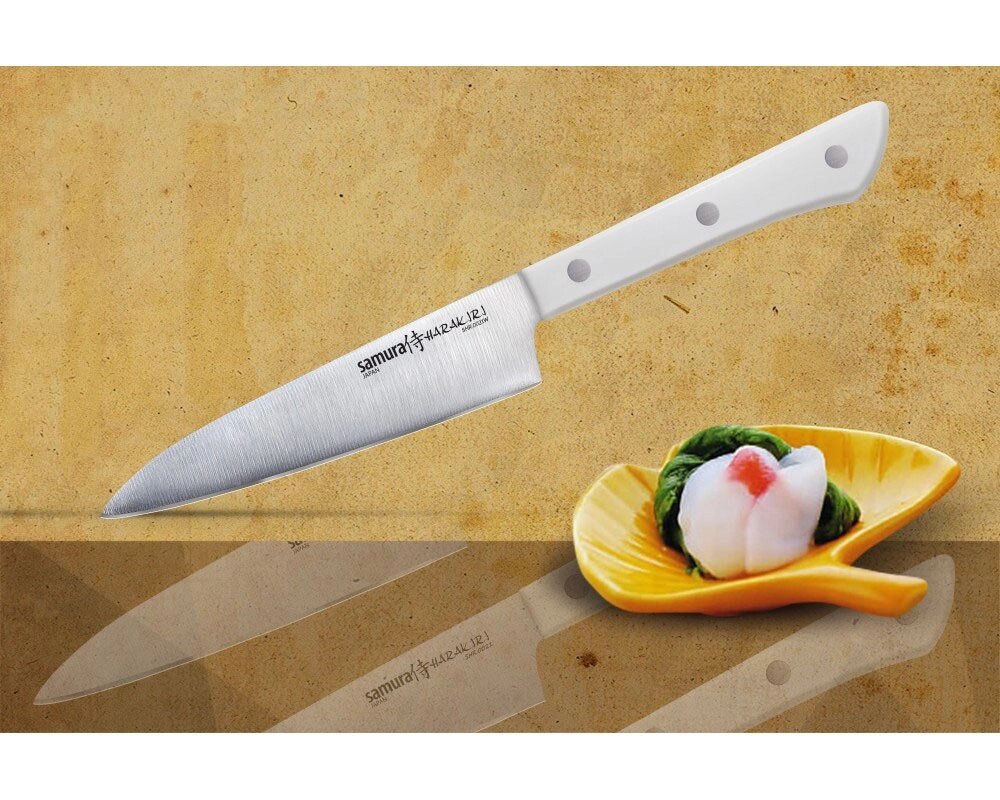 Нож кухонный универсальный Samura "HARAKIRI" (SHR-0021W) 120 мм, сталь AUS-8, рукоять ABS пластик, белый от компании Admi - фото 1