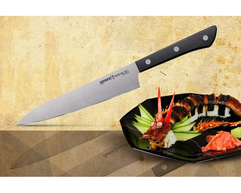 Нож кухонный универсальный Samura "HARAKIRI" (SHR-0023B) 150 мм, сталь AUS-8, рукоять ABS пластик, чёрный от компании Admi - фото 1