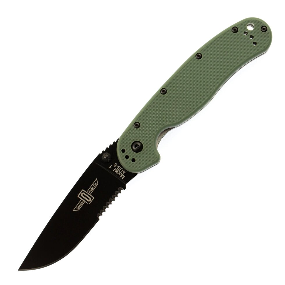 Нож складной полусеррейторный Ontario RAT-1, сталь Aus-8, рукоять термопластик GRN, green/black от компании Admi - фото 1