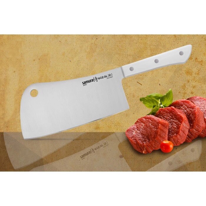 Нож-топорик кухонный для мяса Samura "HARAKIRI" (SHR-0040W) 180 мм, сталь AUS-8, рукоять ABS пластик, белый от компании Admi - фото 1