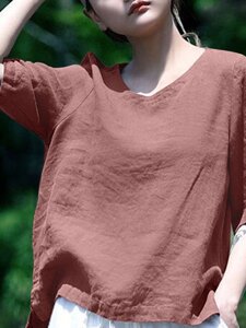 Однотонная блузка с короткими рукавами и круглым вырезом Шея Повседневная Женское