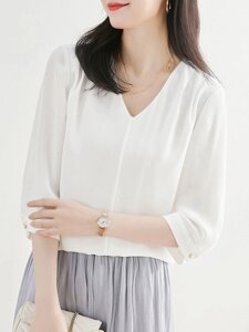 Однотонная блузка с V-образным вырезом и рукавами 3/4 For Женское