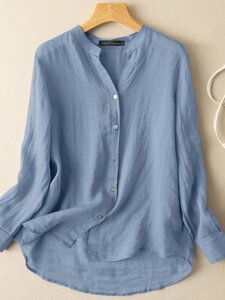 Однотонная повседневная блузка с длинными рукавами и пуговицами спереди Женское