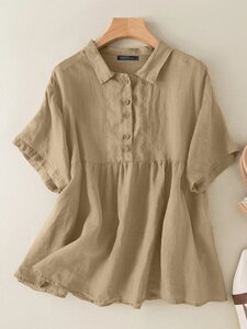 Однотонная повседневная блузка с короткими рукавами и лацканами на пуговицах для Женское