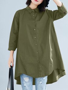 Однотонная пуговица с высоким низким подолом и лацканами Свободная повседневная одежда Рубашка