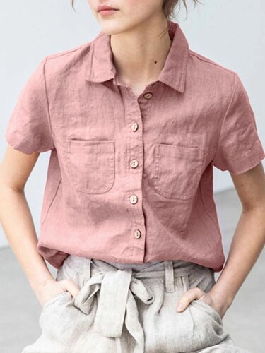 Однотонный Повседневный Хлопок с короткими рукавами и карманами на пуговицах с лацканами Рубашка