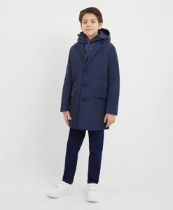 Пальто плащевое с отстегивающейся манишкой с капюшоном синее для мальчика Gulliver (152)