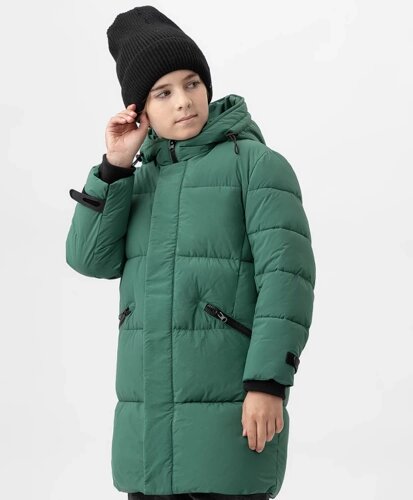 Пальто зимнее с капюшоном и утяжками зеленое Button Blue (104)