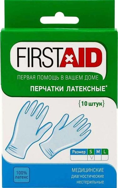 Перчатки смотровые нестерильные опудренные First Aid/Ферстэйд 10шт р. S от компании Admi - фото 1