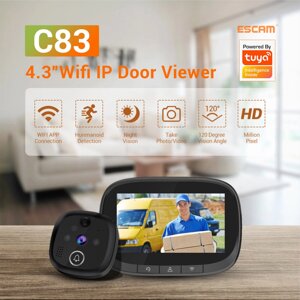 ESCAM C83 Беспроводной дверной звонок 4.3inch WIFI IP Door Viewer HD Ночное видение 120° может снимать фото и видео PIR