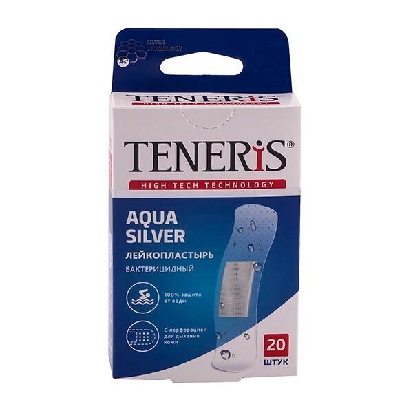 Пластырь бактерицидный прозрачный полимерный Aqua Silver Teneris/Тенерис 7,6см х 1,9см 20 шт. от компании Admi - фото 1