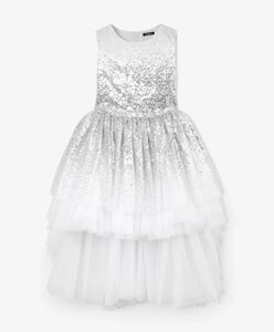 Платье без рукавов двухъярусное с серебристыми пайетками белое Gulliver (140)