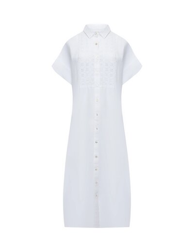 Платье рубашкой с декором макраме, белое 120% Lino