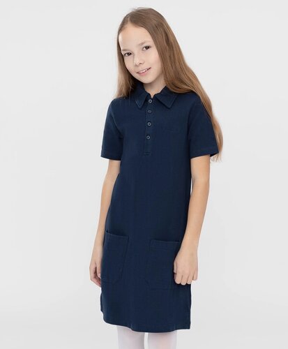 Платье с коротким рукавом и накладными карманами синее Button Blue (140)