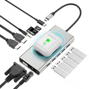 Pobod 14 в 1 Тип-C Док-станция с беспроводным зарядным устройством USB3.0 * 3 USB2.0 * 2 PD100W USB-C 4K @ 30Hz HDMI * 2