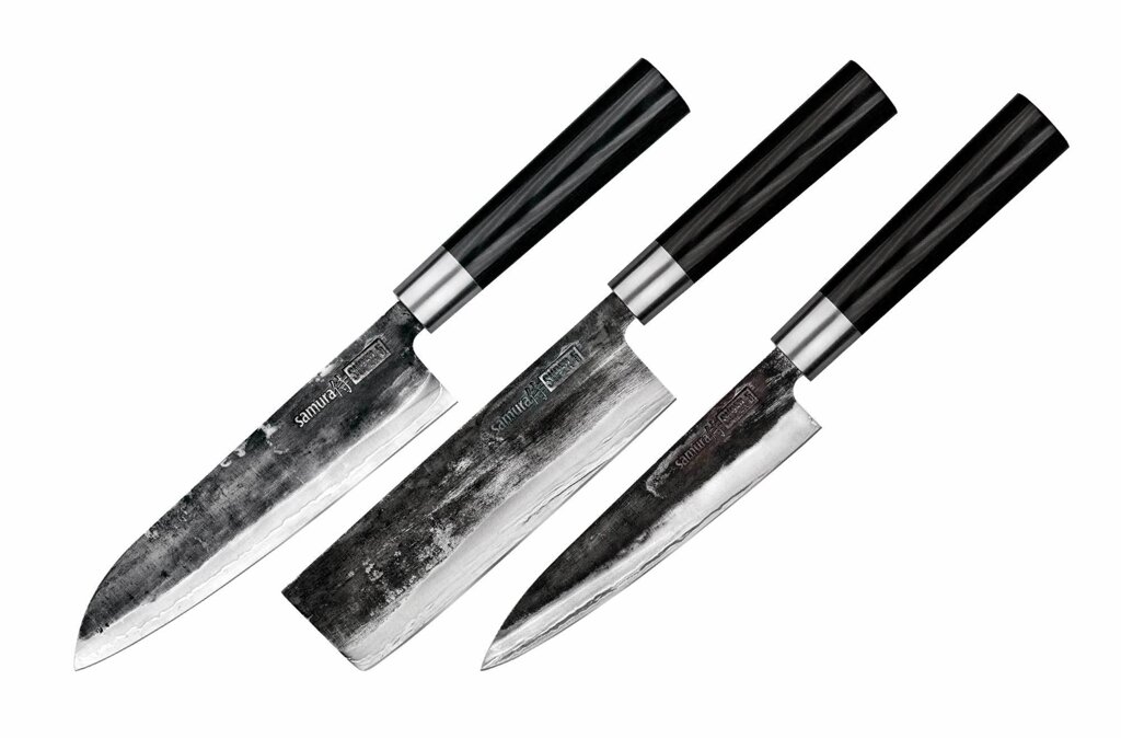 Подарочный набор из 3-х кухонных ножей Samura Super 5, сталь VG-10 в обкладках из дамасской стали, рукоять микарта от компании Admi - фото 1