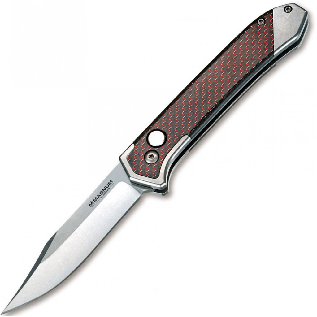 Полуавтоматический складной нож Magnum Rubico Auto - Boker 01SC054, сталь 440A Stonewash, рукоять карбон/нержавеющая сталь, чёрно-красный от компании Admi - фото 1