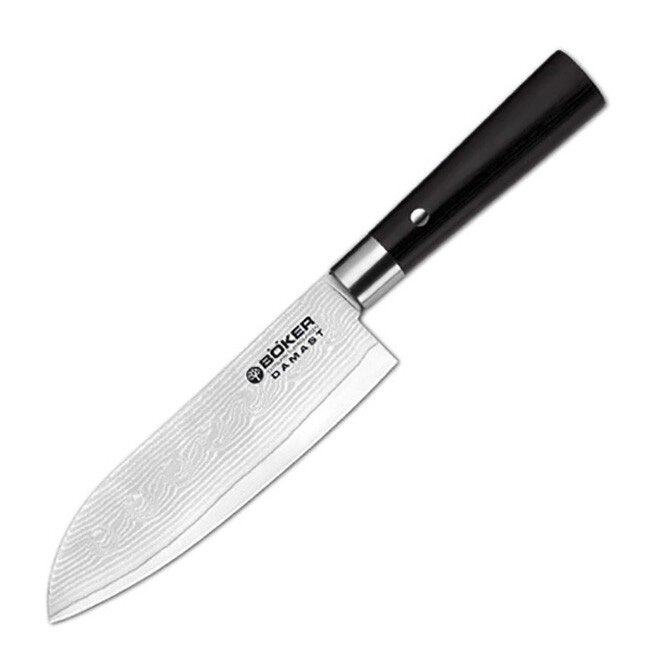 Поварской кухонный нож сантоку Boker 16.8 см, сталь VG-10 в обкладках из дамасской стали, рукоять пакка от компании Admi - фото 1