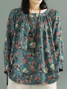 Повседневная блузка с длинными рукавами и сборками с растительным принтом
