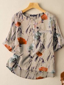 Повседневная блузка с коротким рукавом и карманом на пуговицах с растительным принтом в стиле пэчворк