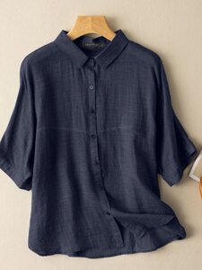 Повседневная хлопковая однотонная пуговица с короткими рукавами с лацканами Рубашка