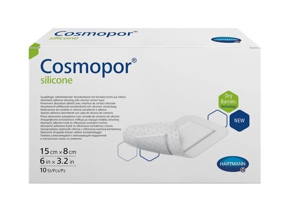 Повязка стерильная пластырного типа с контактным слоем Cosmopor Silicone/Космопор Силикон 15х8см 10шт от компании Admi - фото 1