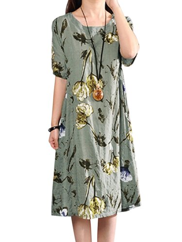 Ретро Цветочный принт Два кармана Свободные повседневные Платье для Женское