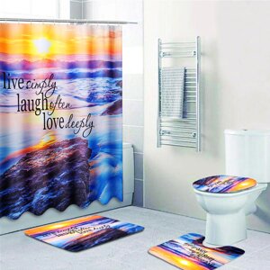 Sandy Пляжный Водонепроницаемы Ванная комната Занавеска для душа Унитаз Коврик с противоскользящим ковриком