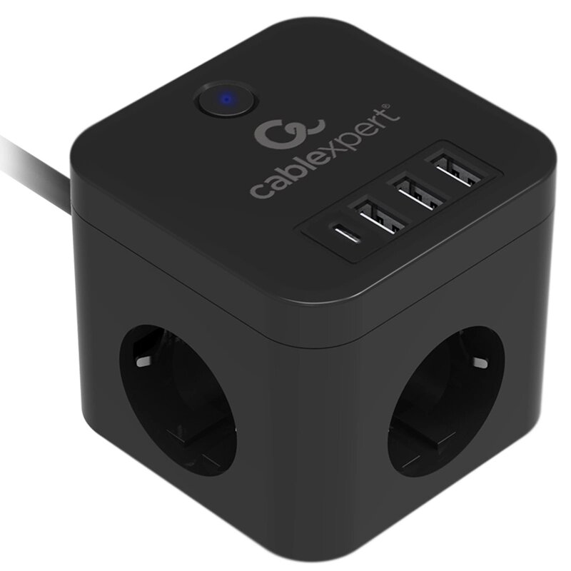 Сетевой фильтр Gembird Cablexpert Cube 3 Sockets 1xType-C PD 3xUSB 1.5m Black CUBE-3-CU3-B-1.5 от компании Admi - фото 1