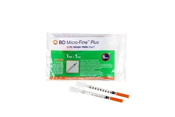 Шприц инсулиновый с иглой 35G U-100 Micro-Fine Plus BD/БиДи 0,25х6мм 1мл 10шт от компании Admi - фото 1