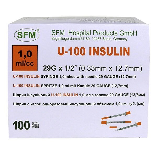 Шприц SFM Hospital СФМ Госпиталь U100 инсулиновый 3-х комп с интегрированной иглой 0,33х12,7 (29G) 1 мл 100 шт от компании Admi - фото 1
