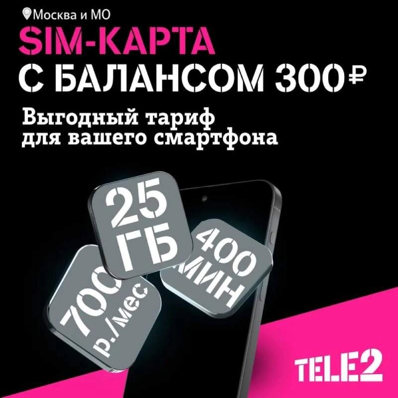 Sim-карта с саморегистрацией Tele2 Тарифный план Мой онлайн баланс 300 рублей от компании Admi - фото 1