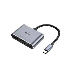 USB-концентратор HOCO HB30 4 гнезда PD, USB3.0, type-C. HDTV. VGA, серый