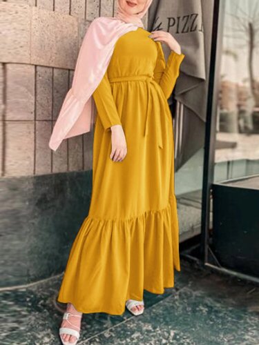 Винтаж Женская свободная туника с длинными рукавами и плиссировкой с поясом Повседневная макси Платье