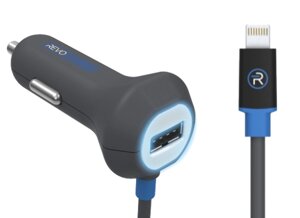 Зарядное устройство автомобильное Revocharge с разъемами lightning/USB 3,4A, серое