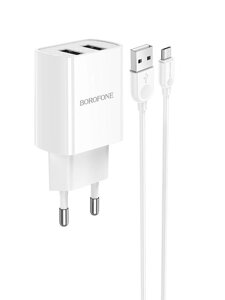 Зарядное устройство Borofone BA53A Powerway 2xUSB + кабель MicroUSB White 6931474739186